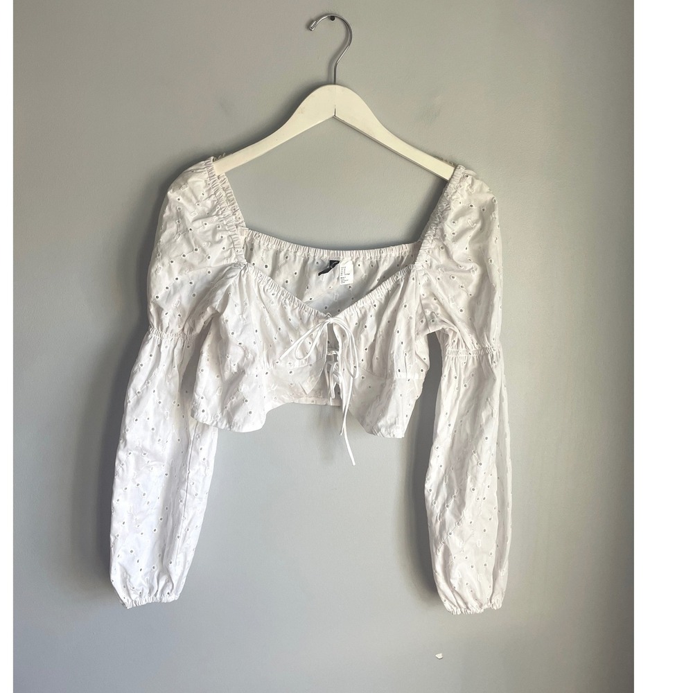 H&M Divided White Eyelet Lace Crop Top Puff Sleeve Tie Front Boho Blouse Medium